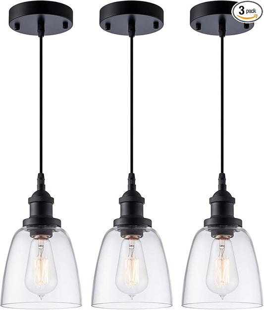 Industrial Mini Pendant Light Fixture Modern Clear Glass Adjustable Cord for Kitchen Island Dining Room Sink, Black, 3 Packs