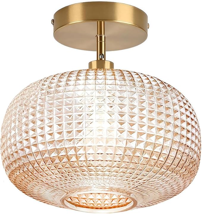 Semi Flush Mount Ceiling Light,Vintage Small Ceiling Light Fixture,Hallway Lighting Fixture with Amber Glass Shade,Art Deco Kitchen Lighting Fixtures Ceiling for Bedroom,Bathroom,Porch