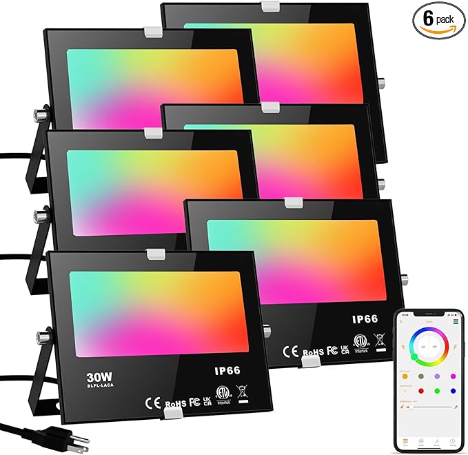 LED Flood Lights RGB Color Changing 300W Equivalent Outdoor, 30W Bluetooth Smart RGB Floodlight APP Control, IP66 Waterproof, Timing, 2700K&16 Million Colors 23 Modes for Garden Stage Lighting 6 Pack
