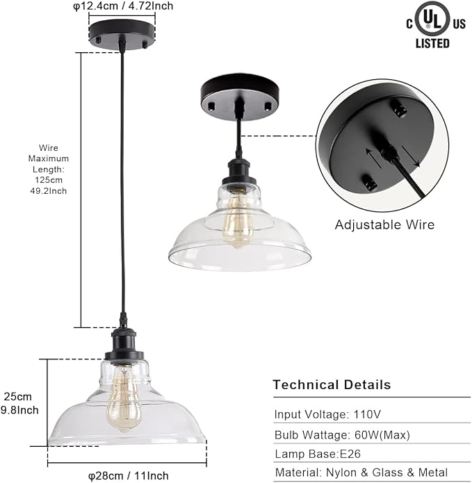 GLADFRESIT 3 Packs Industrial Pendant Lights, Vintage Hanging Light Over Table, Clear Dome Glass Lampshade, Black Lamp Head and Base, Adjustable Hanging Height Lighting Fixtures