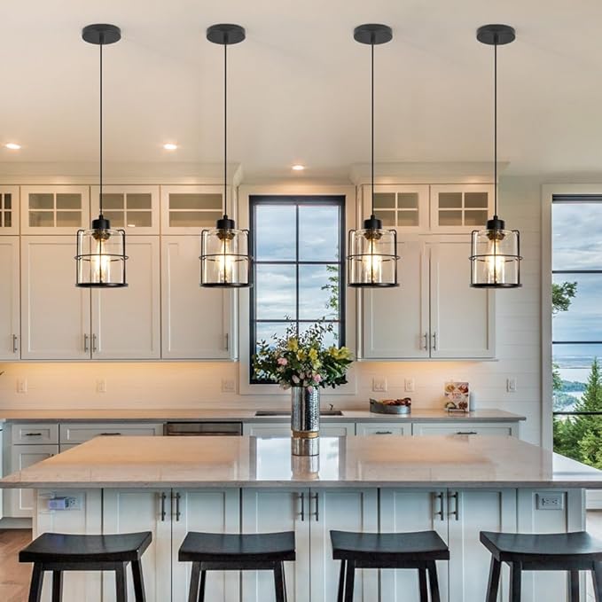 5.91in Industrial Black Pendant Lights Kitchen Island, Glass Island Pendant Lights Set of 2, Small Ceiling Kitchen Island Lights with Adjustable Cord, Farmhouse Hanging Light for Hallway Bathroom