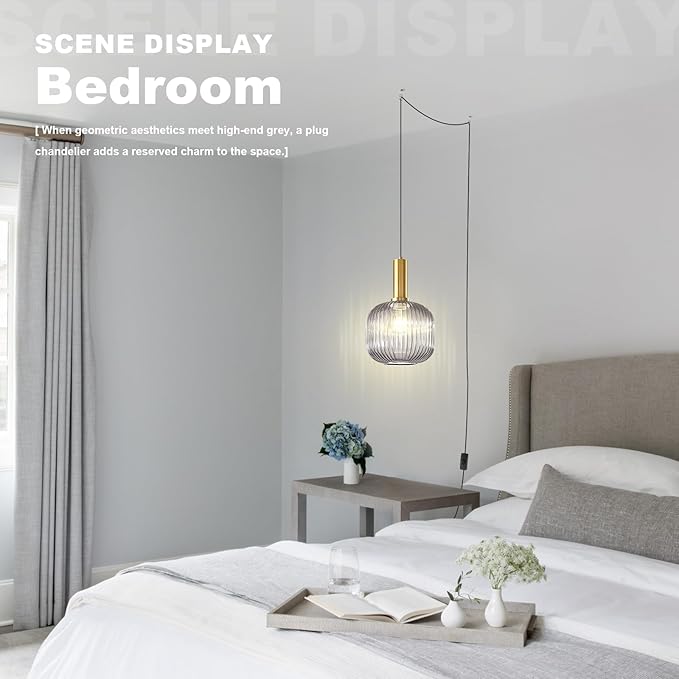Plug in Pendant Lights for Ceiling, Smoke Gray Glass Pendant Light with Plug in Cord 14.75Ft, Industrial Hanging Lamp Modern Plug in Hanging Light for Living Room Bedroom Kitchen