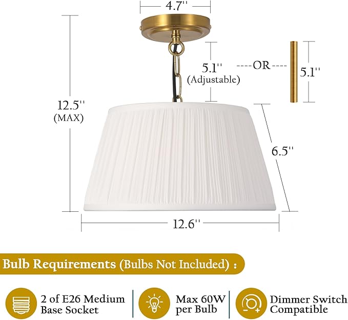 Electro bp; 12.6”Dia White Pleated Fabric Drum Shade Ceiling Light Fixture Farmhouse Brocade Linen Cone Shape Close to Semi-Flush Mount,Polished Gold,2 Sockets,E26,120W;
