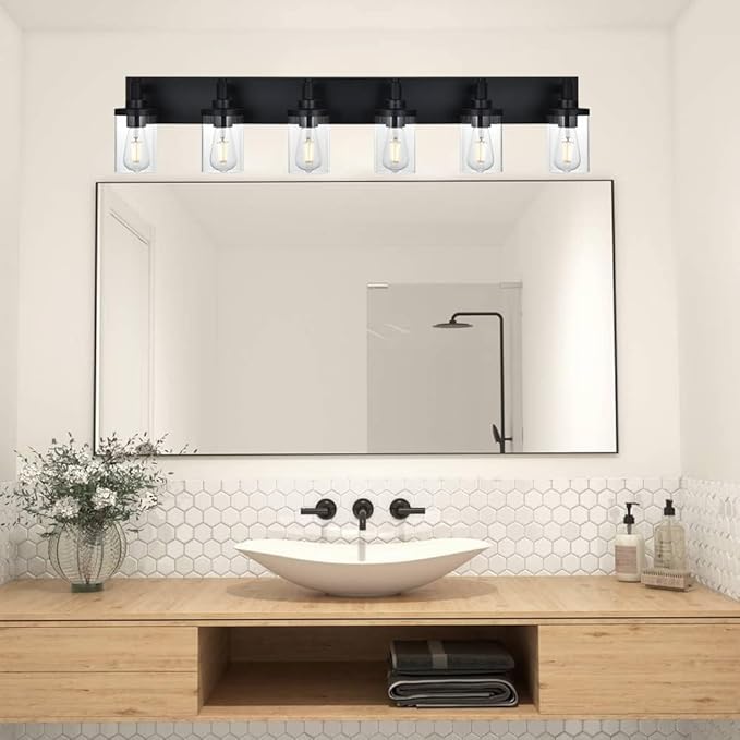 Black Bathroom Vanity Light Fixture,6 Light Vintage Bathroom Lighting Fixtures Over Mirror with Clear Glass Shade Wall Lighting Fixture for Kitchen Living Room Dresser Bedroom Corridor