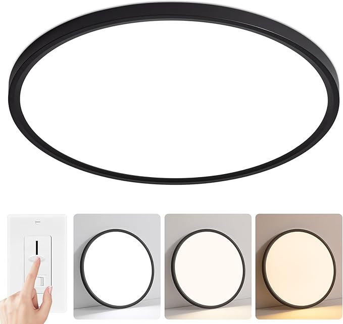 24 Inch Flush Mount Ceiling Light, Dimmable 3000K/4500K/6000K Selectable, 48W 4800LM, Modern, Ultra Thin, Black, for Bedroom, Kitchen, Dining Room, Living Room, Home Office, Hallway