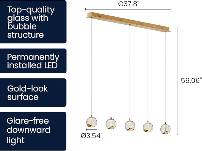 37.8" LED Linear Pendant Light Fixtures, 5-Light Gold Linear Chandelier with Bubble Glass Globes, LED 3000K Warm White, Modern Island Lights for Kitchen Living Room Ceiling Hanging, Hardwired