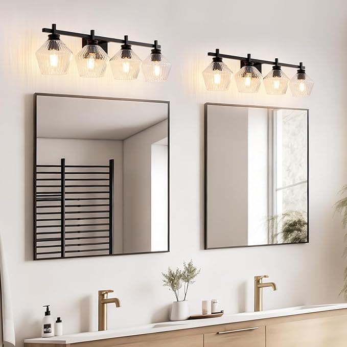 30.35in Modern Bathroom Light Fixtures, 4 Light Vanity Light, Black Wall Lamp with Ribbed Wine Glass Shades, Bathroom Wall Sconce Lamp for Mirror Living Room Bedroom Hallway