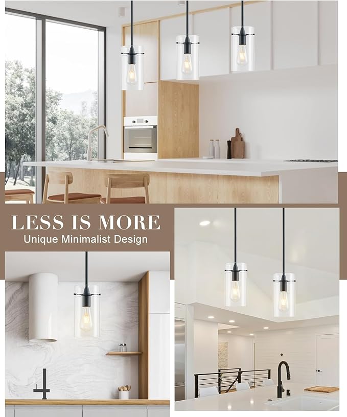 3 Pack Pendant Lights Kitchen Island, Adjustable Hanging Glass Pendant Light Fixtures, Matte Black Pendant Lights Kitchen Island, Modern Kitchen Pendant Lighting Over Island