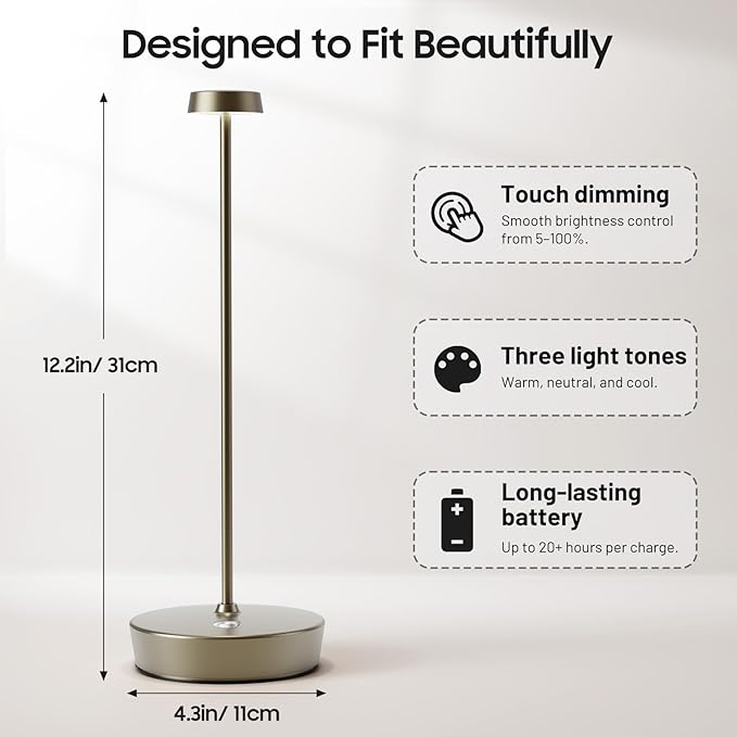 2Pack Cordless LED Table Lamp，Rechargeable Battery Desk Lamps, 3 Color Stepless Dimmable Metal Battery Table Lamps, Portable Table Light for Indoor/Outdoor/Restaurants/Bedroom/Bar