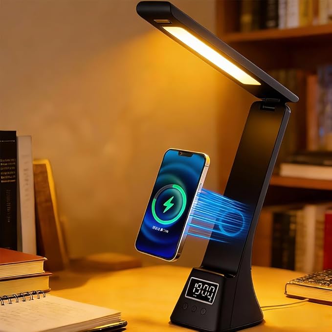 IHAO 3in1 Foldable Eye-Care Desk Lamp with 15W Wireless Charger & Digital Clock Touch Control, 3 Color Temperatures, Alarm, 180° Foldable, Phone Stand, Modern LED Table Lamp TYV-2088 Black