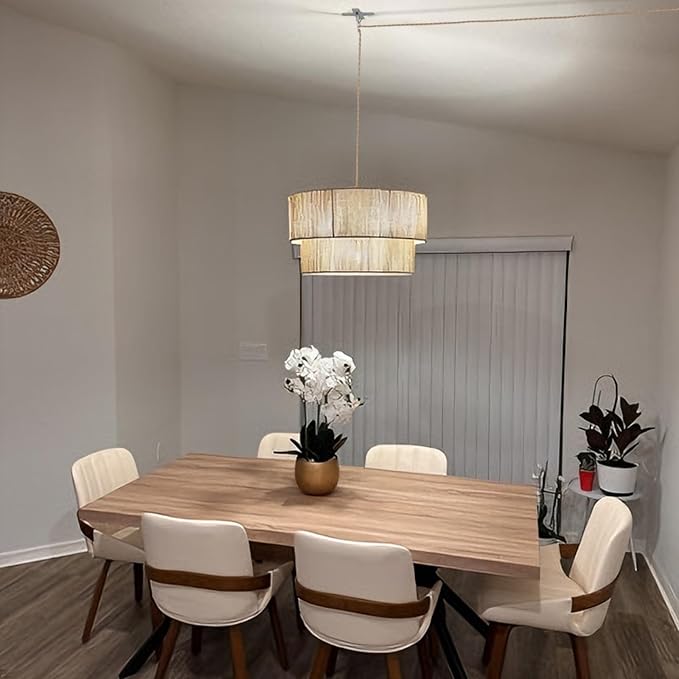 Large Plug in Pendant Light, 18in Plug in Rattan Chandelier with On/Off Switch Rattan Woven Shade, Hanging Pendant Light for Dining Room Living Room Kitchen Foyer (Includ Bulb)
