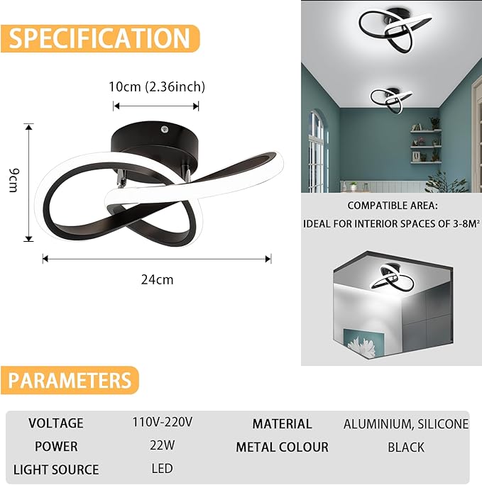 EIDISUNY Modern LED Ceiling Light, 2 Rings Creative Black Hallway Ceiling Lighting 6000K Flush Mount Ceiling Lights for Kitchen Bathroom Cool White Light 22W (Black)