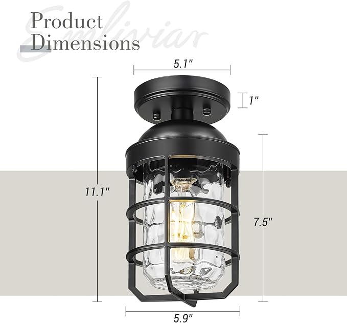 Emliviar Industrial Ceiling Lamp with Water Ripple Glass Shade, 11.1 Inch Classic Semi Flush Mount Light in Black Finish for Kitchen, GE255LF BK-WG