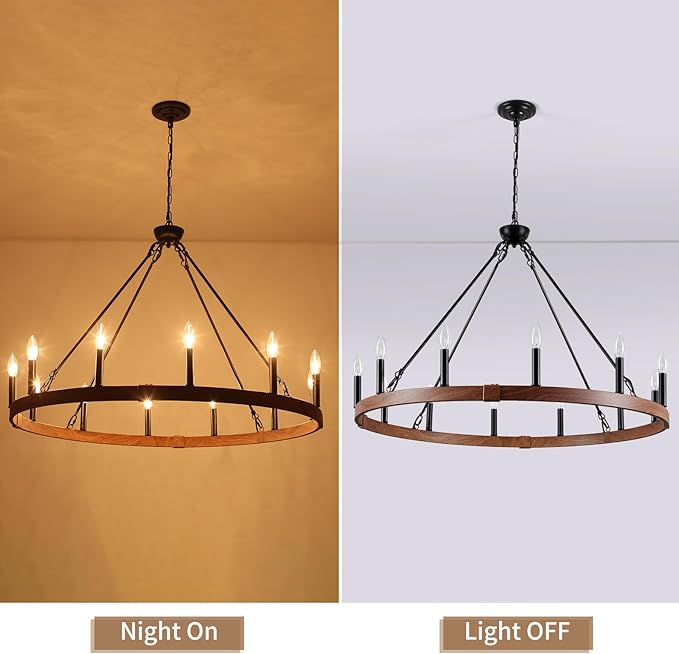 37.4 inch Wagon Wheel Chandelier with Wood Grain Finish, 12-Light Large Round Farmhouse Chandeliers for High Ceilings Dining Room Living Room Foyer Entryway Outdoor Porch
