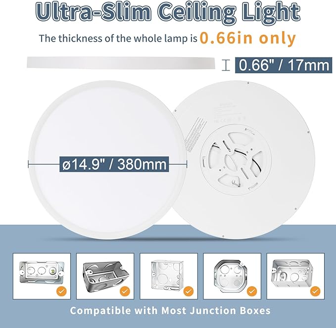 14.9 Inch 2PK LED Flush Mount Ceiling Light, ETL ,32W, 3343LM, 3000K/3500K/4000K/5000K/6500K CCT Selectable, 0.66in Ultra Thin Round Flat Panel Ceiling Light Fixture for Bedroom, Kitchen (White)