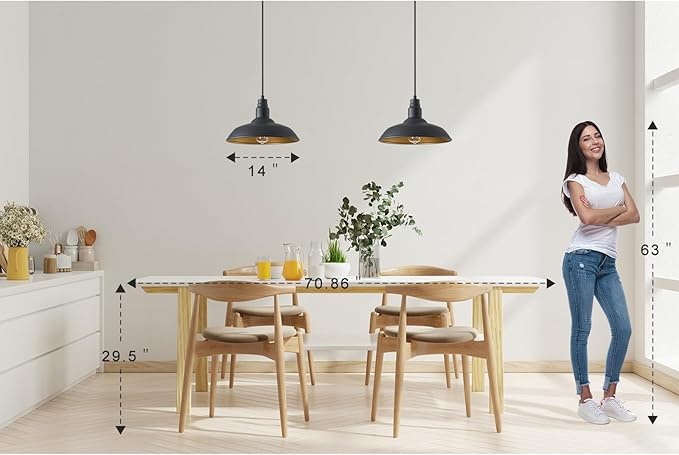 Farmhouse Pendant Lights with Large 14 Inch Dome, Barn Style Hanging Light Fixture for Kitchen, Dinning Room, Black Ceiling Mount Lighting for Indoor and Outdoor Use, Height Adjustable