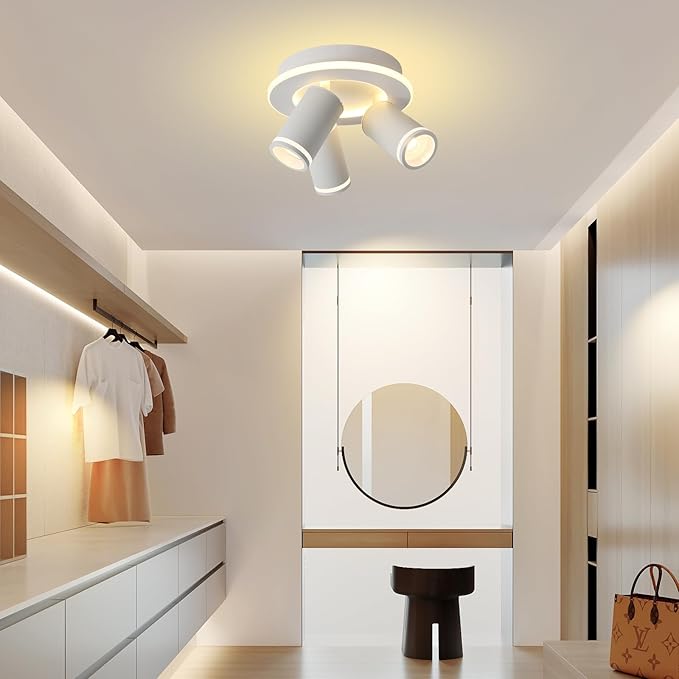 LED 3 Light Track Lighting Kit, White Round Ceiling Spot Lighting Fixture with Flexibly Rotatable Heads, Modern Spotlight for Kitchen, Living Room, Bedroom, Dual Lighting Design,Includes 3 x GU10 Bulb