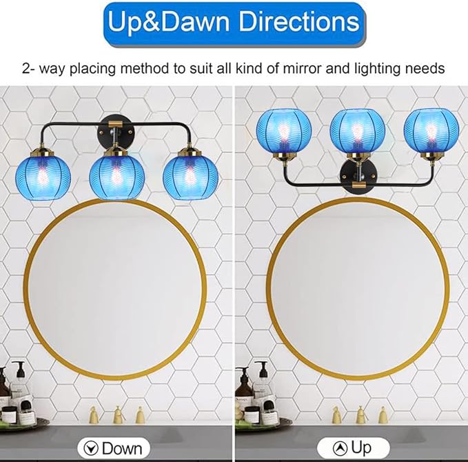 Vanity Lights for Bathroom,Mid Century Vanity Light Black Sconce Blue Bathroom Light Fixture Over Mirror Ribbed Glass Globe Shade Art Deco Vanity Lights Modern Wall Sconce 3-Lights