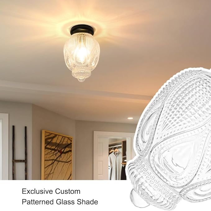 Vintage Semi Flush Mount Ceiling Light, Matte Black Hallway Lights Fixture with Clear Glass, Globe Ceiling Light Fixtures, Small Flush Mount Globe Light for Porch Corridor Bedroom