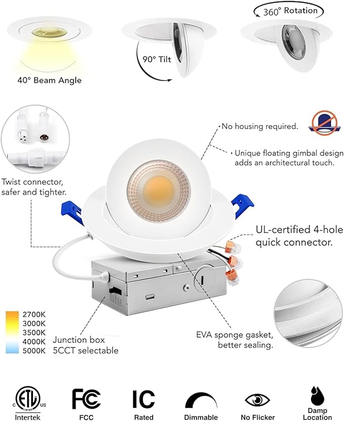 Adetu 4 inch Gimbal Led Recessed Lights, 360°+90° Adjustable Directional Recessed Lighting, 2700K/3000K/3500K/4000K/5000K Dimmable Retrofit Eyeball Can Lights with Jbox, ETL(White,12 Pack)