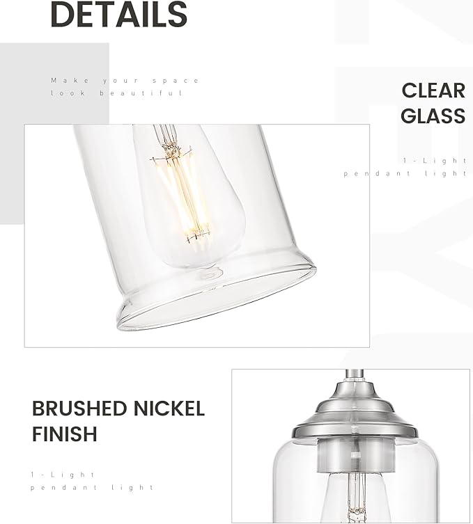 zeyu 2 Pack Modern Pendant Light Fixture, Brushed Nickel Hanging Light with Clear Glass for Kitchen Island Dining Room Bedroom Hallway Foyer, ZSL104MIL-2 BN