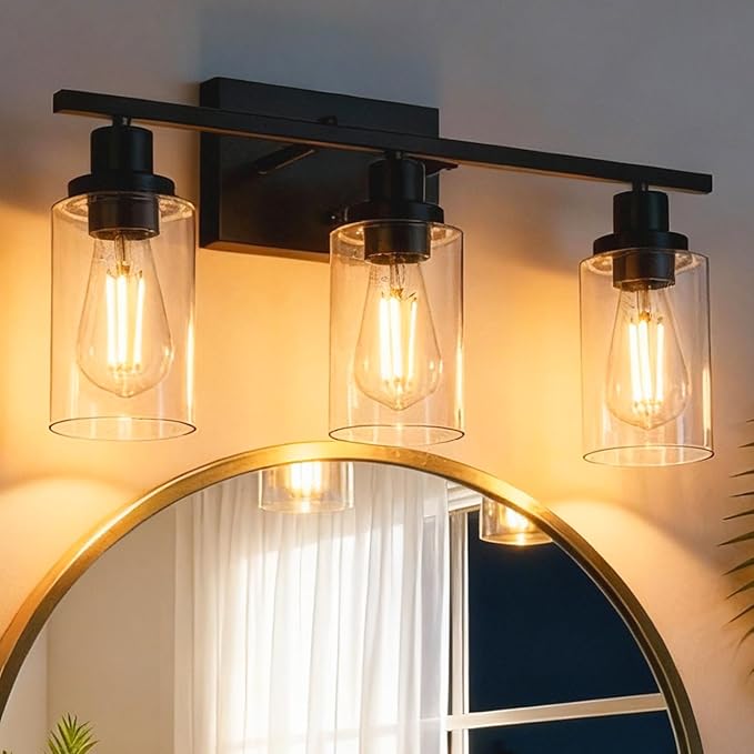 MELUCEE Bathroom Vanity Light Fixtures 3 Lights Wall Sconce Black with Clear Glass Shade for Bedroom Living Room Hallway Kitchen (Patent No.: US D963914 S)