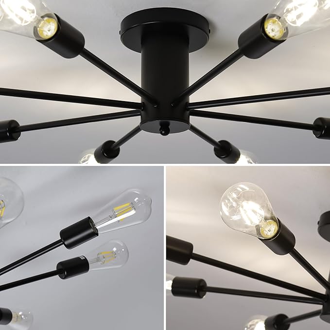 6-Lights Semi Flush Mount Ceiling Light, Matte Black Close to Ceiling Lighting with E26 Base, Modern Sputnik Light Fixtures for Living Room Bedroom Kitchen Dining Room