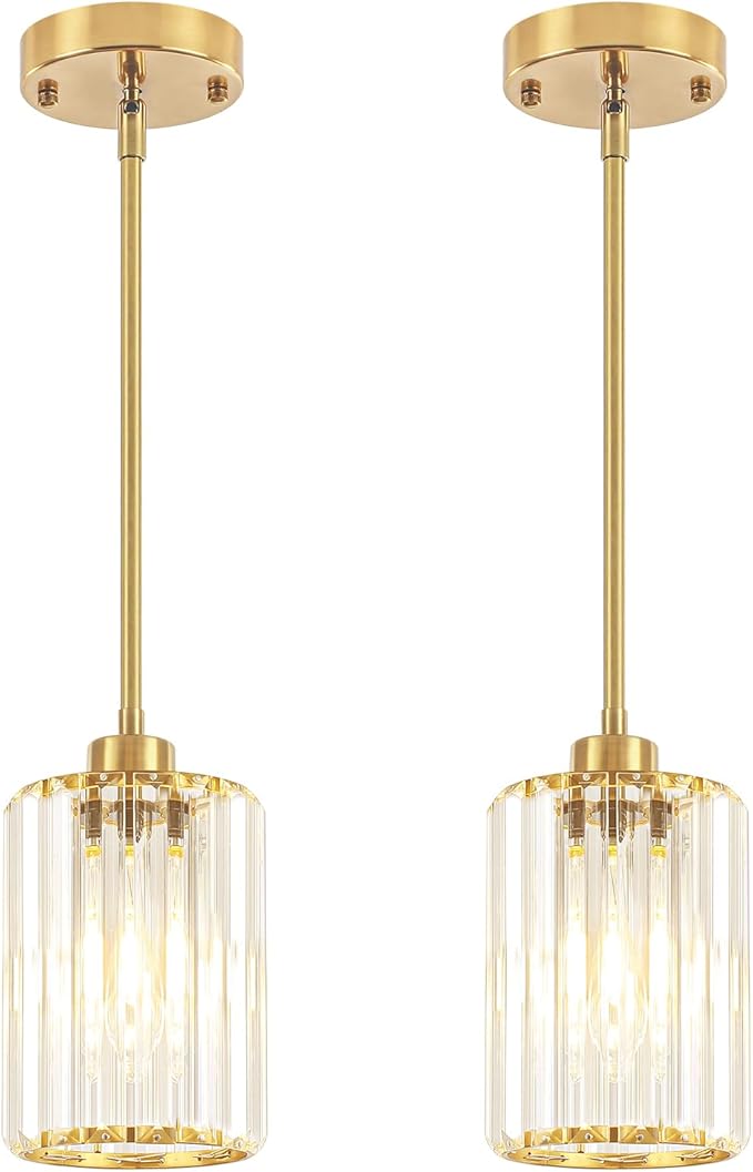 2 Pack Crystal Pendant Lights Kitchen Island, Brushed Brass Kitchen Pendant Lighting Over Island, Modern Dining Room Light Fixtures Adjustable Hanging Pendant Light for Bathroom Hallway Bedroom Foyer