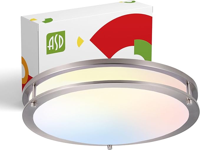 ASD LED 16" Round Flush Mount Lighting, Close to Ceiling Light Fixture | 3CCT, Dimmable, Energy Star, ETL Listed | 24W 1854LM 3000-5000K 120V | Low Profile Double Ring Lamp | Nickel