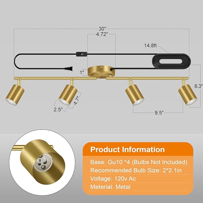 Plug in Track Lighting LED, Track Lighting Fixtures Ceiling Gold, 4-Light Kitchen Light Kit, Plug in Wall Light with 14.8ft Power Cord, Rotatable Ceiling Spotlight for Bedroom(GU10 Socket, NO Bulb)
