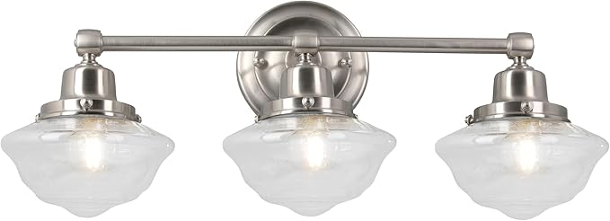 Design House Vintage-Inspired Schoolhouse 3-Light Dimmable Vanity Light, 23.125 in x 7.625 in x 9.5 in, Satin Nickel, Clear Seeded Glass Shades, 589143-SN