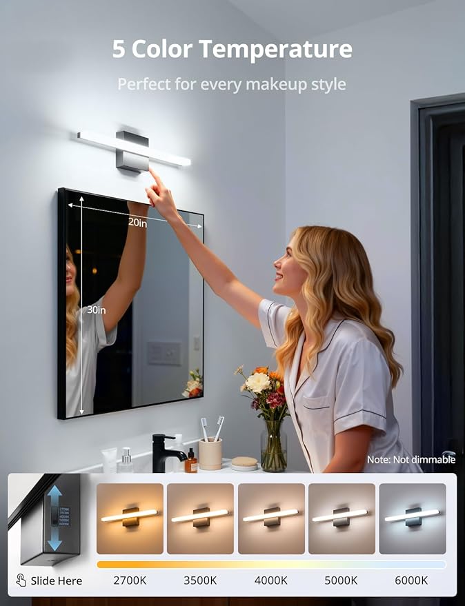 Combuh Modern Bathroom Light Fixtures Above Mirror Small Vanity Lighting Bar 16Inch, 5 Color Adjustable Black Simple Slim Led Wall Sconce IP44 Rustproof Bright 10W 880LM for Bath Restroom Makeup