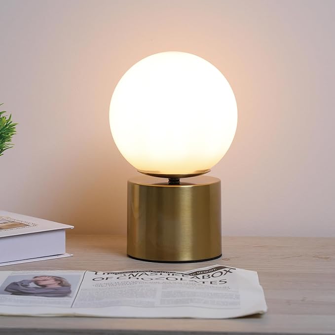 9.3 Ins Modern Gold Globe Table Lamp, Round Bedside Nightstand Lamp with White Glass Shade Metal Base Desk Lamp for Bedroom Bedside Lamp Living Room End Table