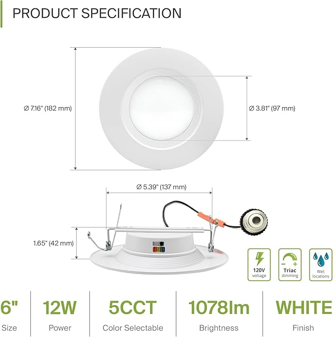 ASD Retrofit LED Recessed Lighting 6 Inch - 12W 2700K-5000K 1078LM Can Lights for Ceiling 6 Inch, Dimmable Recessed Lights, Baffle Trim Wet Rated Wafer Lights, ETL, Energy Star