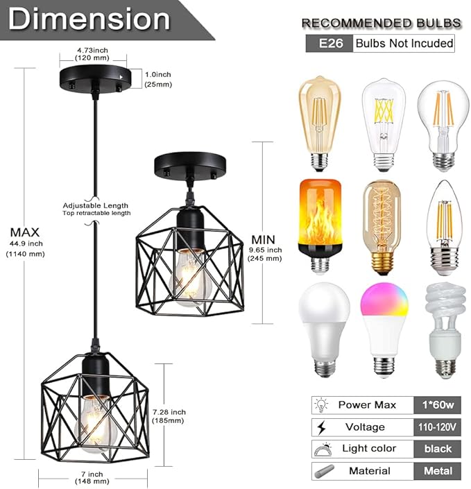 2 Pack 1 Light Vintage Hanging Light Pendant Light Fixture Farmhouse Basket Cage Hanging Ceiling Light，for Kitchen Island Dining Restaurant Room Hallway Hotel Bar Base Black Edison E26…