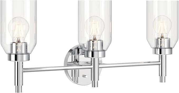 Kichler Madden 3-Light Bathroom Vanity Light Fixture with Clear Glass in Chrome, Modern Soft Design for Single Vanity Over Mirror, E26 Medium Base (10.5" x 24"), 55185CH