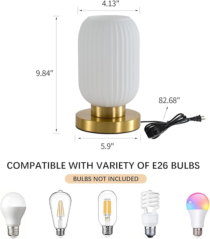 Dimmable White Glass Table Lamp: Mid Century Modern Nightstand Light with Milk White Shade - Small Decorative Brass Desk Lamp - Ribbed Glass Bedside Tables Lamps for Bedroom Living Room Bulb Excluded