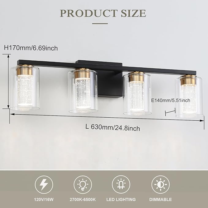 EMONG 4-Light Black&Gold Bathroom Light Fixtures,Dimmable 5CCT LED Vanity Lights with Clear Glass,2700K-6500K Adjustable Crystal Bubble Black Bathroom Vanity Light Over Mirror for Hallway