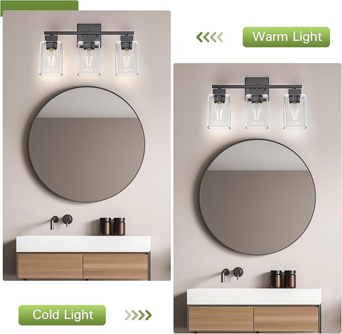 Espird Matte Black Bathroom Vanity Light, 3-Light Vanity Lighting fixtures Over Mirror, Square Design & UL Certification, Wall Sconces with Clear Glass Shades, E26 Socket (Bulbs Not Included)