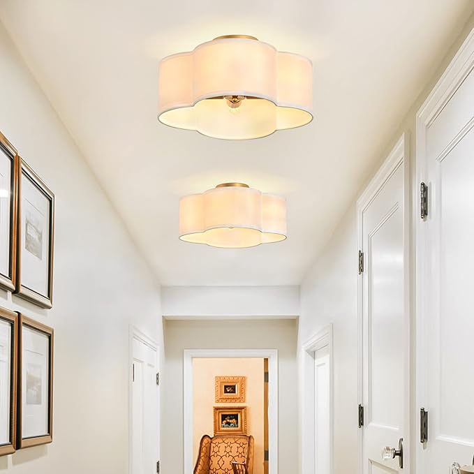 Gold 4-Light Semi Flush Mount Ceiling Light, White Fabric Close to Ceiling Light Fixtures, Clover Drum Ceiling lamp for Bedroom, Hallway, Kitchen, Corridor, Lanudry Room, Nursery