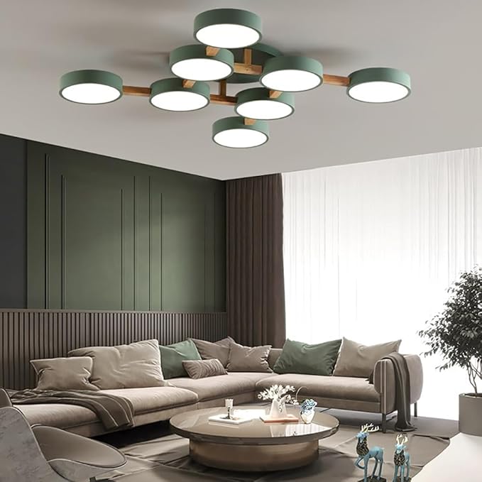 LED Ceiling Light Fixture,44 Inch 8-Lights Modern Ceiling Lights Flush Mount Wooden 96W Chandelier for Living Room Bedroom Kitchen,Dimmable 3000K/4000K/6000K Temperatures Selectable, Green