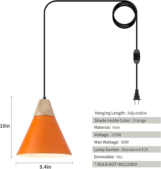 Orange Plug in Pendant Light, 2 Pack 9.4inch Hanging Lights with Plug in Cord 14.7 ft, Hanging Pendant Light, Hanging Lamp Plug in for Bedroom Living Room Kitchen Island