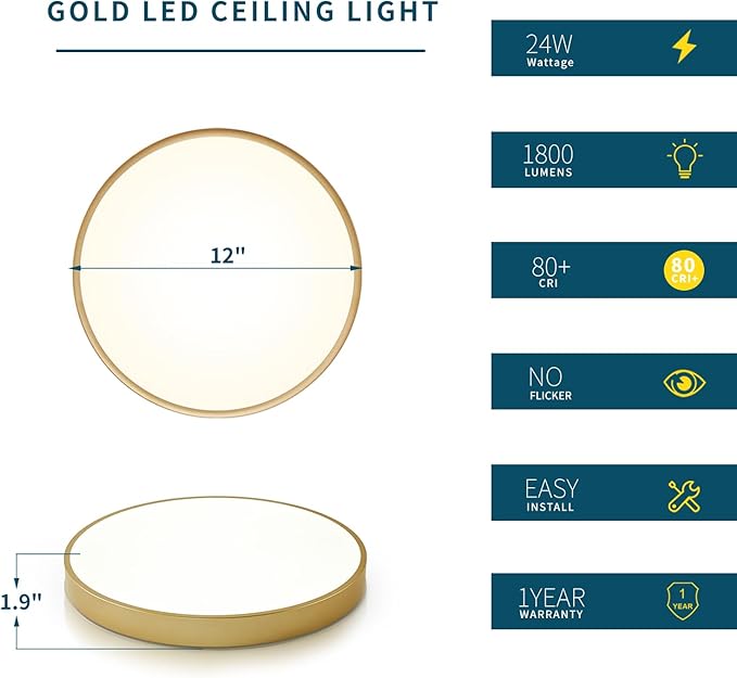 LED Ceiling Light Flush Mount Gold, 24W Kitchen Light Fixture Ceiling Mount Dimmable, 12 inch Close to Ceiling Light Fixture 5CCT for Bedroom, Bathroom, Living Room