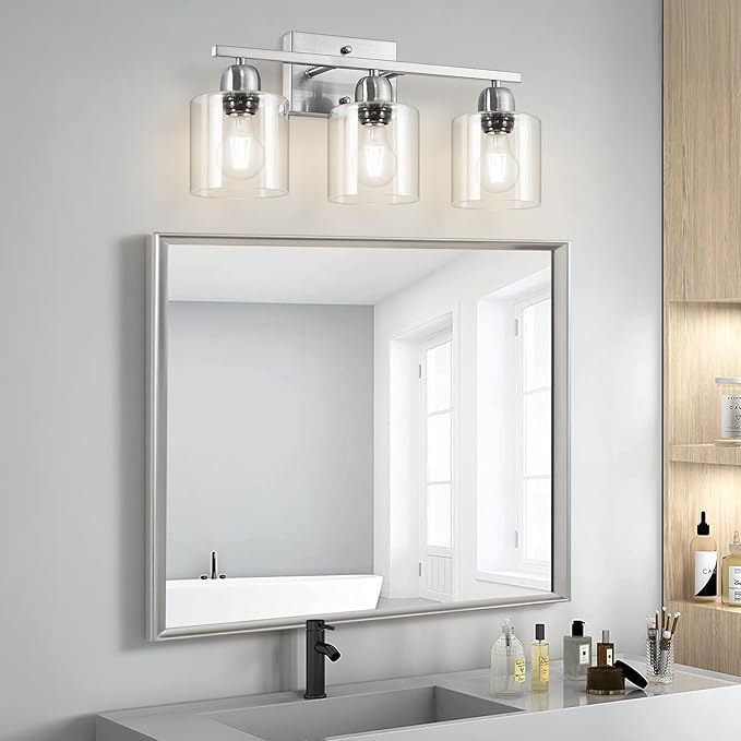 Modern Brushed Nickel 3 Light Bathroom Light Fixtures,19 inch Vanity Lights for Bathroom with Clear Glass Over Mirror for Mirror Kitchen Living Room
