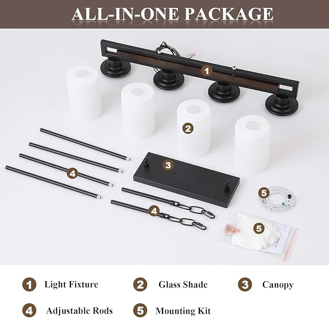 Farmhouse Dining Room Light Fixture, 4-Light Wood Kitchen Island Lighting for Dining Room Over Table, Black Adjustable Pendant Light with Milk Glass Shades, Linear Chandeliers Lighting for Kitchen