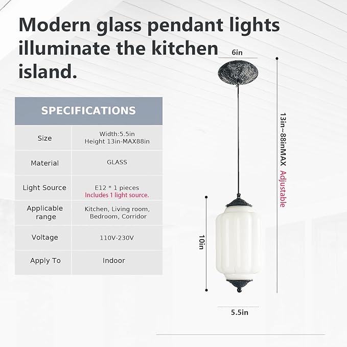 Vintage Milk Glass Pendant Lights Kitchen, Brass Color Glass Ceiling Light Fixture, Retro Industrial Pendant Lighting for Dining Room, Kitchen, Bedroom, Entryway, Hallway (White, 5.5in)
