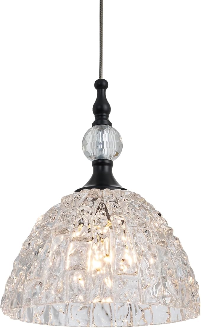 Modern Small Black Glass Pendant Light 7.68 inch Globe Light Fixture with Clear K9 Crystal Adjustable Height Vintage Mini Hanging Lights for Kitchen Island Bedroom Dining Room Living Room