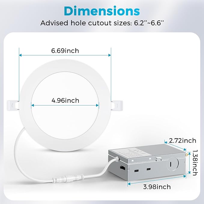MAXvolador 6 Inch Ultra-Thin LED Recessed Ceiling Light with Junction Box 1200LM High Brightness 6-Pack, 5CCT 3000K/3500K/4000K/5000K/6500K Selectable, Dimmable Canless Wafer Downlight 12W 110W Eqv