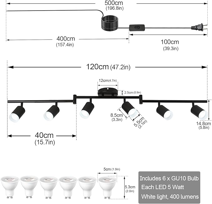 Plug in Track Lighting Kit, 120cm LED 6 Light Kitchen Track Lighting Corded Wall Light with 16.4ft Cord 6 Way Ceiling Spot Lighting Flexibly Rotatable Head Includes 6xGU10 Bulb (6 Black-Acrylic-120cm)