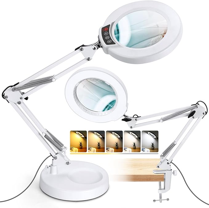 10X Magnifying Glass with Light and Stand, 2-in-1 Desk Lamp & Clamp Light, 5 Color Modes, Brightness Stepless Dimmable LED Lighted Magnifier Hands Free, Magnifier Lamp for Crafts - White
